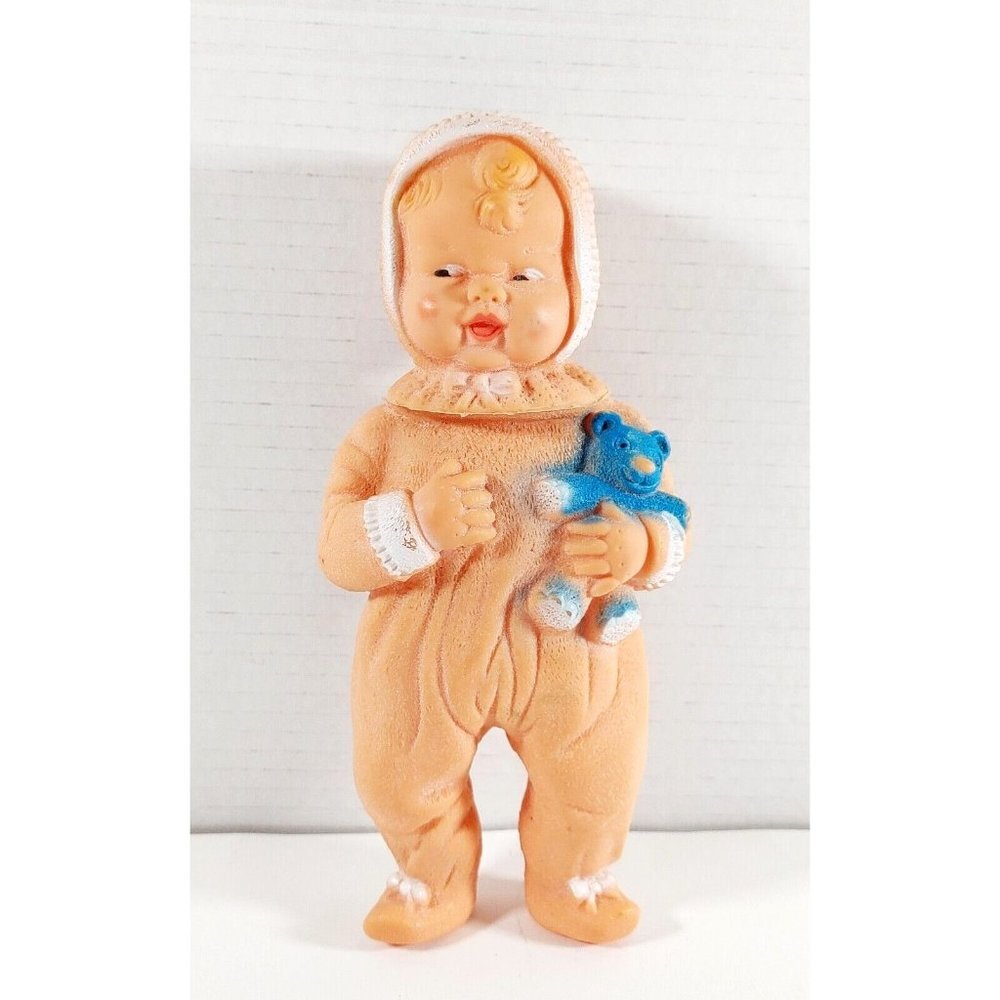Vintage Reliable Baby Doll Squeak Toy w/Blue Teddy Bear 50s-60s